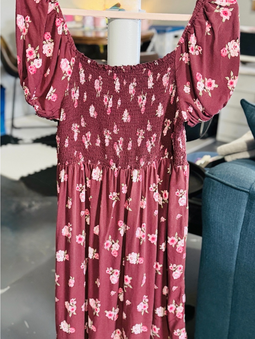 Lily Morgan XL Burgundy Flower Smocked Puff Sleeve Mini Dress Tunic Top - Picture 2 of 10